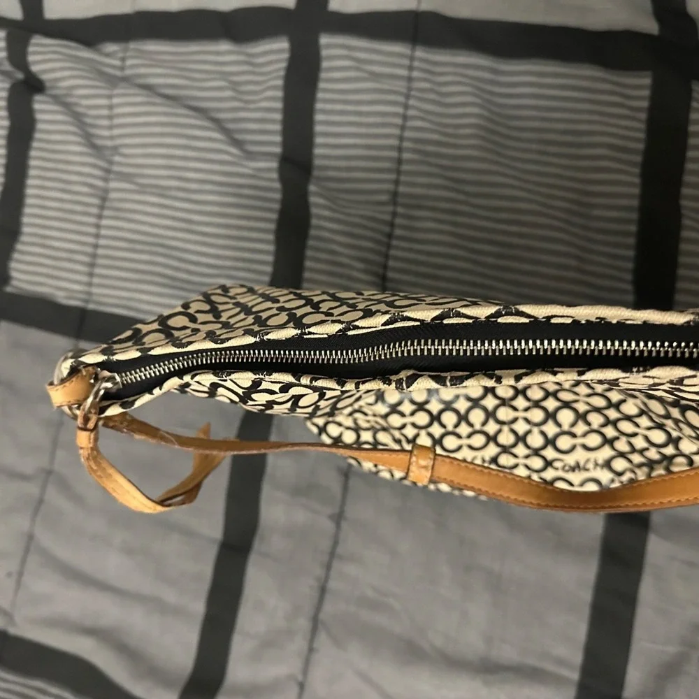 Coach Op Art 'Leah' Coated Canvas Hobo Black Off-White Natural Leather Trim Bag